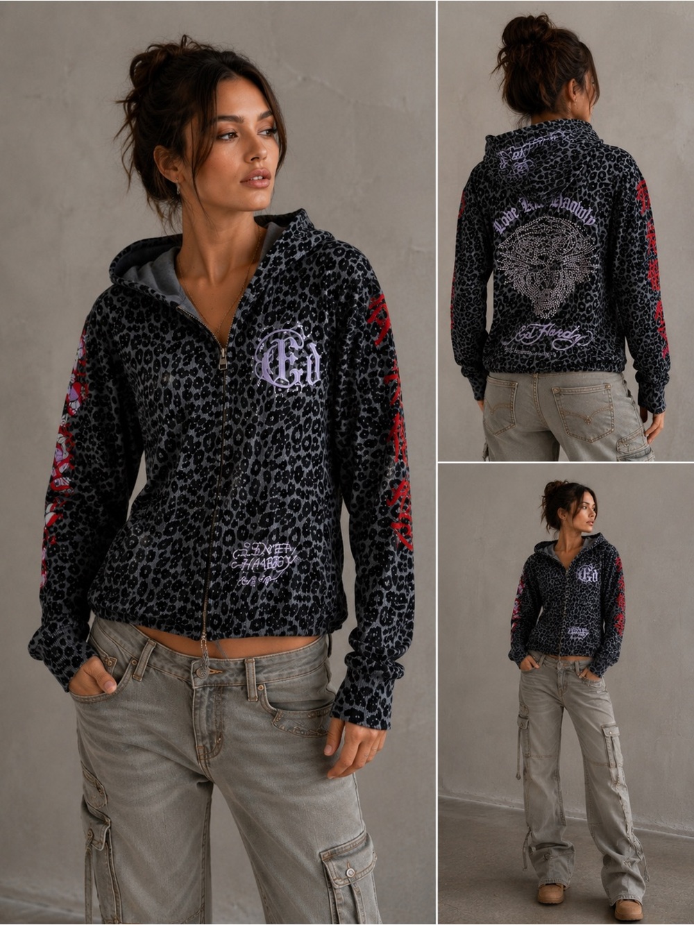 Ed Hardy Leopard Hoodie Skull Zip Rhinestone Tiger Y2K M